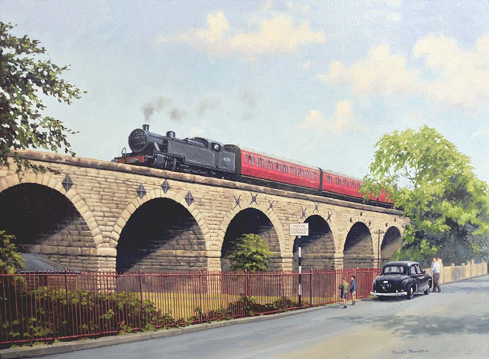 Ex-LMS Fowler Tank 2-6-4T No 42345 is seen on Prince's Drive viaduct at the head of a Leamington to Coventry service