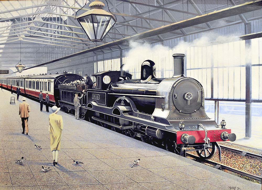 LNWR 4-4-0 No 1914 'Invincible' at Rugby station whilst at the head of a down train to Liverpool circa 1900