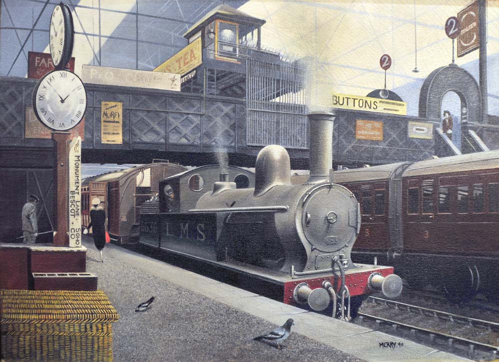 Ex-LNWR 2-4-2T No 6636 stands beneath the passenger footbridge at New Street upon which No 5 Signal Cabin is perched as sentinel