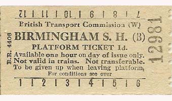 British Transport Commission Birmingham Snow Hill (B) Platform Ticket Cost 1d