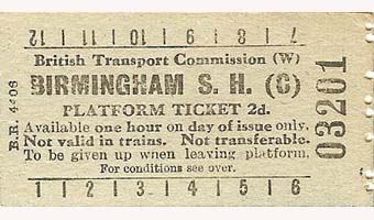 British Transport Commission Birmingham Snow Hill (C) Platform Ticket Cost 2d