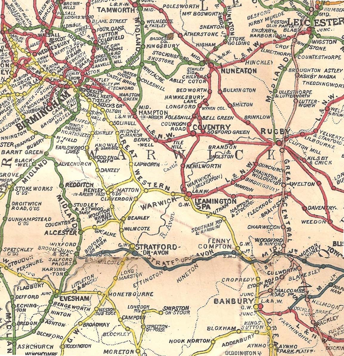 1909 Railway Clearing House Map - Showing stations in and around the County of Warwickshire